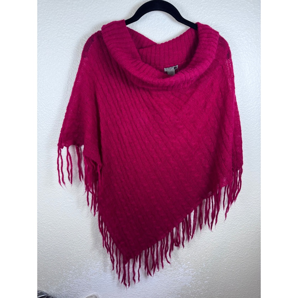 Poncho Sweater Women One Size S M L Red Mohair Fringe Cowl Neck‎ Indie Boho Soft